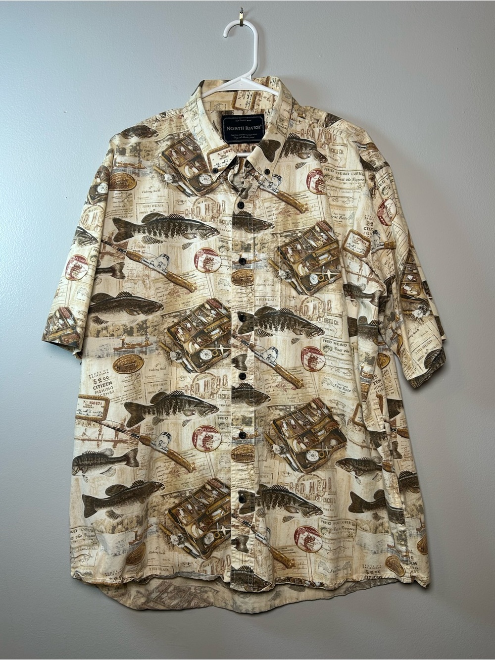 North River Shirt Mens 2XL Beige Fishing AOP Short Sleeve Button Up Outdoor Dad